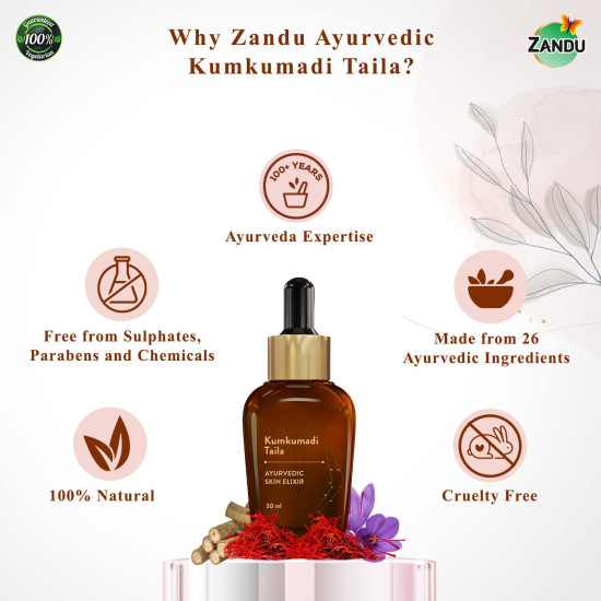 Zandu Kumkumadi Taila (30ml): Ayurvedic Face Oil for Glowing Skin | Skin Brightening Serum with Saffron & 25 Potent Herbs | Helps Improve Skin Radiance | Helps Reduce Acne, Pimples | Both Men & Women
