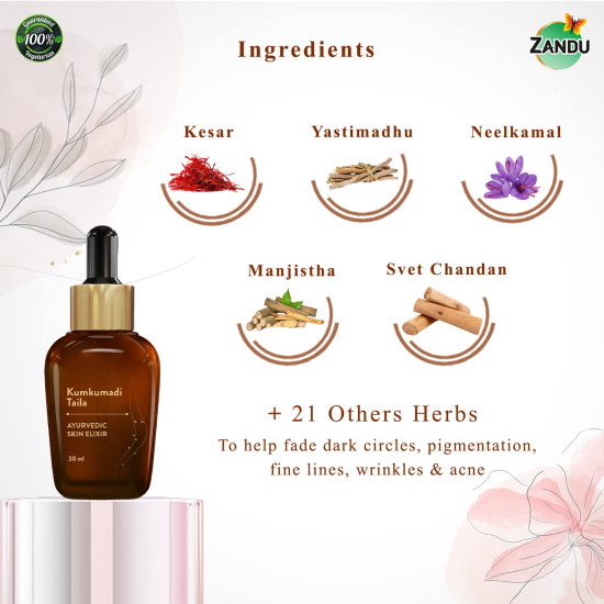 Zandu Kumkumadi Taila (30ml): Ayurvedic Face Oil for Glowing Skin | Skin Brightening Serum with Saffron & 25 Potent Herbs | Helps Improve Skin Radiance | Helps Reduce Acne, Pimples | Both Men & Women