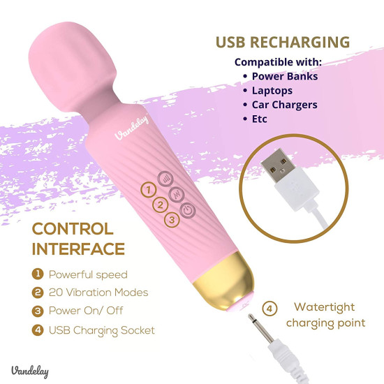 Vandelay Full Body Massager for Women & Men, Rechargeable Wireless Massager Machine for Pain Relief, Handheld Massager with Medical Grade Silicone, 8 Speeds, 20 Modes– Pink