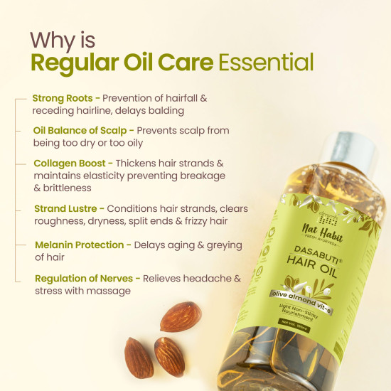 Nat Habit Olive Almond Light Hair Oil With Vitamin E for Women & Men, All Hair & Scalp Types, No Paraffin, Mineral Oil, Preservatives & Chemicals, 100ml