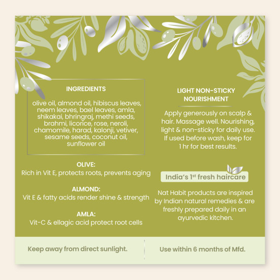 Nat Habit Olive Almond Light Hair Oil With Vitamin E for Women & Men, All Hair & Scalp Types, No Paraffin, Mineral Oil, Preservatives & Chemicals, 100ml