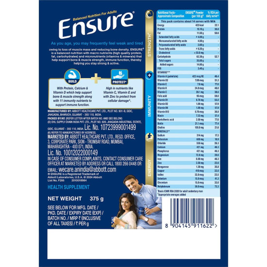Ensure No 1 Nutritional Supplement Drink in the world 32 nutrients High Protein,Calcium,Vit D, Vanilla 400g/375g, Wt may vary
