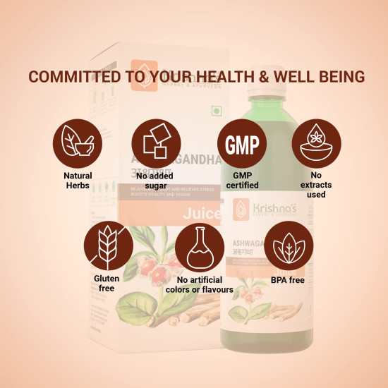 Krishna's Ashvagandha Juice 1L | Ayurvedic Ashwagandha Juice to Reduce Stress & Anxiety Naturally | Boosts Energy Levels | Sugar Free | GMP Certified (1000 ml)