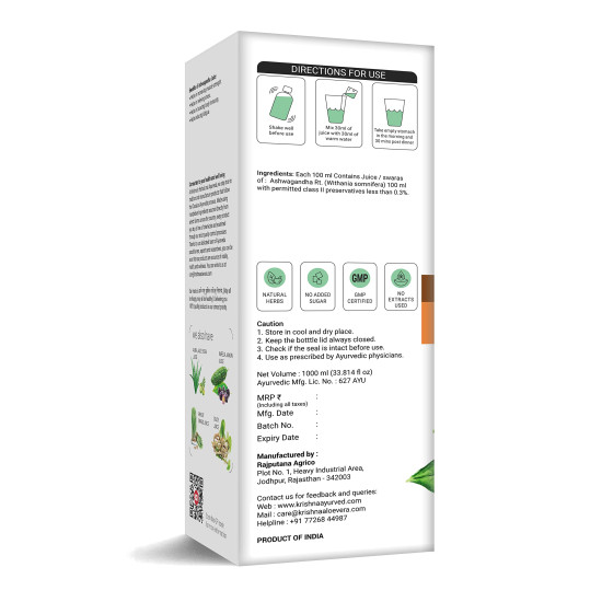 Krishna's Ashvagandha Juice 1L | Ayurvedic Ashwagandha Juice to Reduce Stress & Anxiety Naturally | Boosts Energy Levels | Sugar Free | GMP Certified (1000 ml)