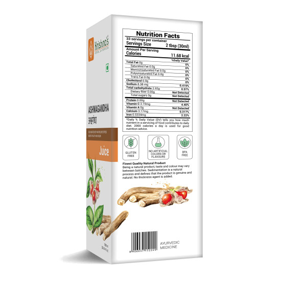 Krishna's Ashvagandha Juice 1L | Ayurvedic Ashwagandha Juice to Reduce Stress & Anxiety Naturally | Boosts Energy Levels | Sugar Free | GMP Certified (1000 ml)