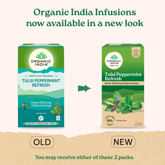 ORGANIC INDIA Tulsi Peppermint Refresh 25 Tea Bags || Stress Relieving & Rejuvenating || Feeling Refreshed || Tulsi Tea - 25 Tea Bags