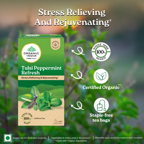 ORGANIC INDIA Tulsi Peppermint Refresh 25 Tea Bags || Stress Relieving & Rejuvenating || Feeling Refreshed || Tulsi Tea - 25 Tea Bags