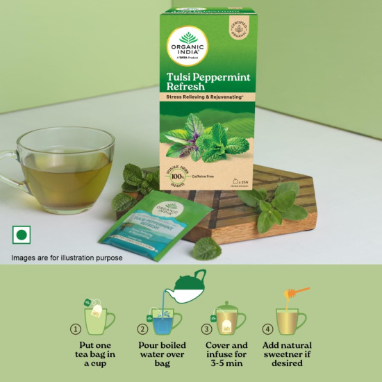 ORGANIC INDIA Tulsi Peppermint Refresh 25 Tea Bags || Stress Relieving & Rejuvenating || Feeling Refreshed || Tulsi Tea - 25 Tea Bags