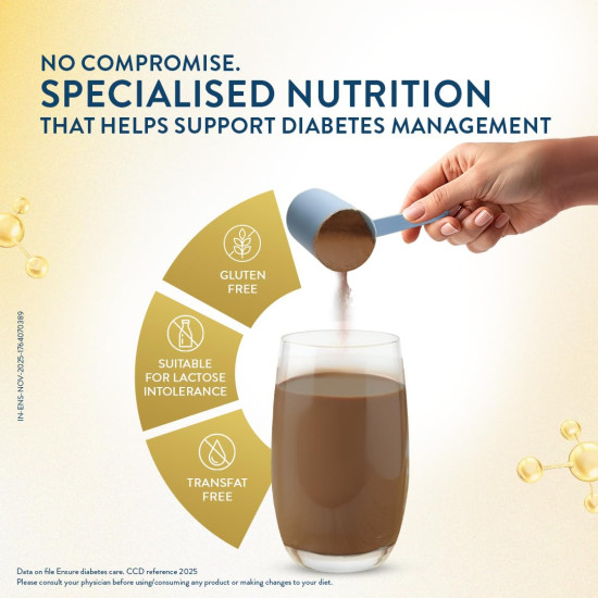 Ensure Diabetes Care Chocolate 375gm |Support Blood Sugar, Weight Management, Cholestrol Reduction |High Protein, High Fibre, 4 Myo-inositol |Zero Added Sucrose