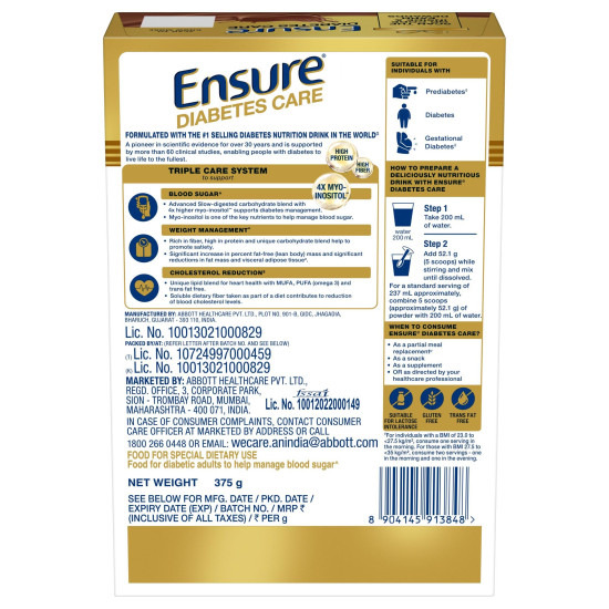 Ensure Diabetes Care Chocolate 375gm |Support Blood Sugar, Weight Management, Cholestrol Reduction |High Protein, High Fibre, 4 Myo-inositol |Zero Added Sucrose