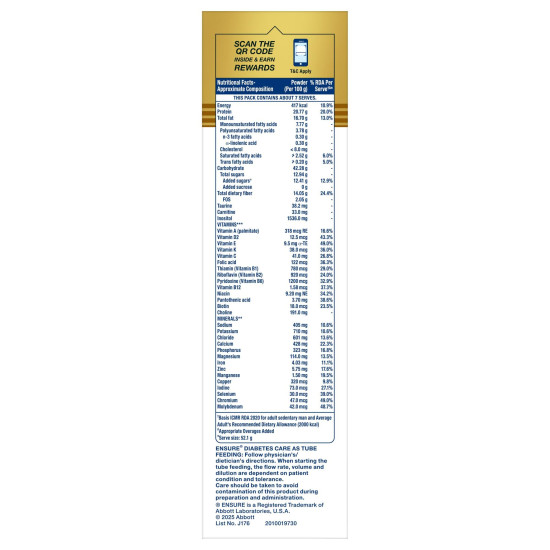 Ensure Diabetes Care Chocolate 375gm |Support Blood Sugar, Weight Management, Cholestrol Reduction |High Protein, High Fibre, 4 Myo-inositol |Zero Added Sucrose