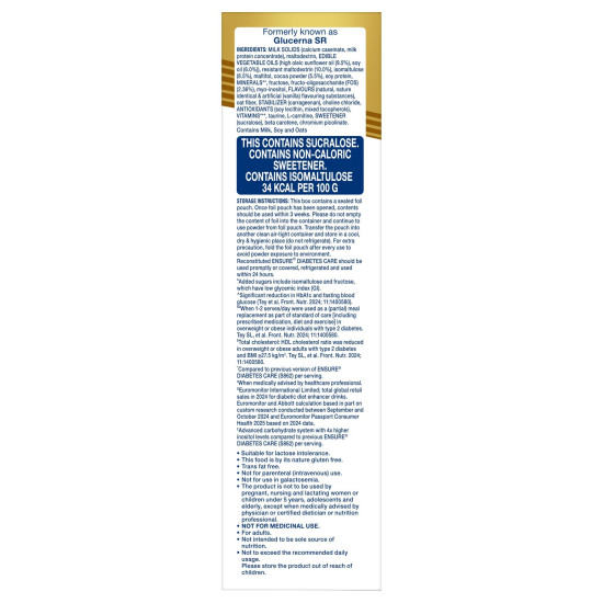 Ensure Diabetes Care Chocolate 375gm |Support Blood Sugar, Weight Management, Cholestrol Reduction |High Protein, High Fibre, 4 Myo-inositol |Zero Added Sucrose