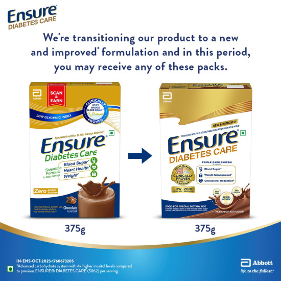 Ensure Diabetes Care Chocolate 375gm |Support Blood Sugar, Weight Management, Cholestrol Reduction |High Protein, High Fibre, 4 Myo-inositol |Zero Added Sucrose