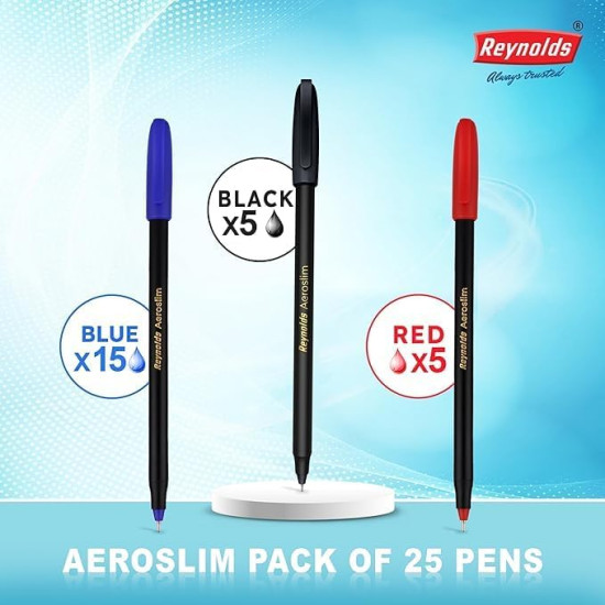 Reynolds AEROSLIM Ball Pen SET - 25 PENS (15 BLUE, 5 Black, 5 Red) | PENS WITH COMFORTABLE GRIP |BALL PENS FOR WRITING | PEN FOR STUDENTS & OFFICE STATIONERY | 0.7 mm TIP SIZE Reynolds AEROSLIM Ball Pen SET - 25 PENS (15 BLUE, 5 Black, 5 Red) | PENS WITH COMFORTABLE GRIP |BALL PENS FOR WRITING | PEN FOR STUDENTS & OFFICE STATIONERY | 0.7 mm TIP SIZE