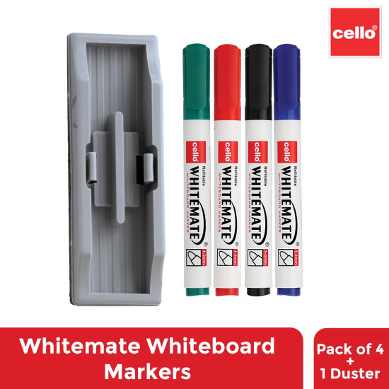 Cello Whitemate Whiteboard Markers | Set Of 4 Markers And 1 Duster | 4 Assorted Ink Colours | Bold Point Marker Pens With Easily Refillable And Erasable Ink | Writes Longer.