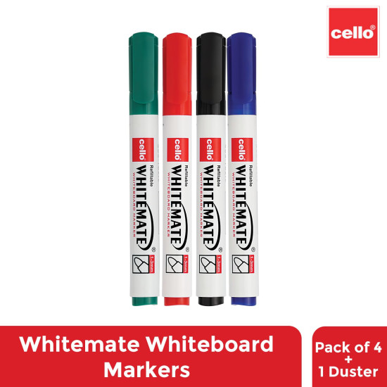 Cello Whitemate Whiteboard Markers | Set Of 4 Markers And 1 Duster | 4 Assorted Ink Colours | Bold Point Marker Pens With Easily Refillable And Erasable Ink | Writes Longer.
