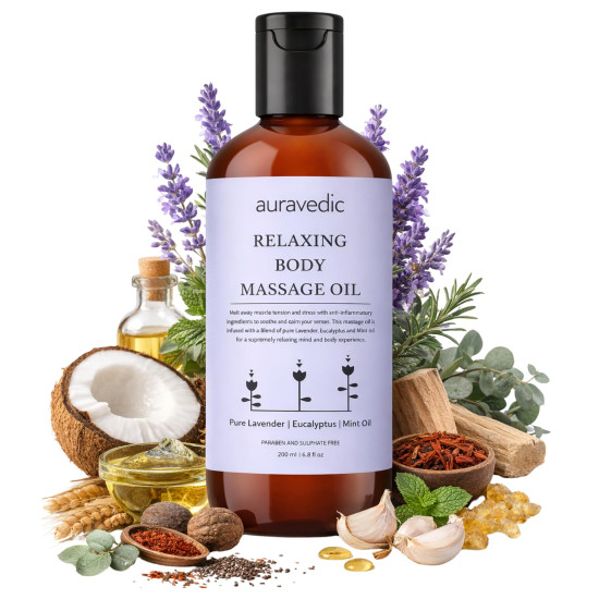 Auravedic Relaxing Body Massage Oil For Full Body Massager For Pain Relief Calming Moisturizer For Dry Skin Face 200 Ml Lavender Eucalyptus Mint Body Oil After Bath For Daily Use