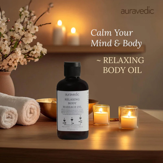 Auravedic Relaxing Body Massage Oil For Full Body Massager For Pain Relief Calming Moisturizer For Dry Skin Face 200 Ml Lavender Eucalyptus Mint Body Oil After Bath For Daily Use