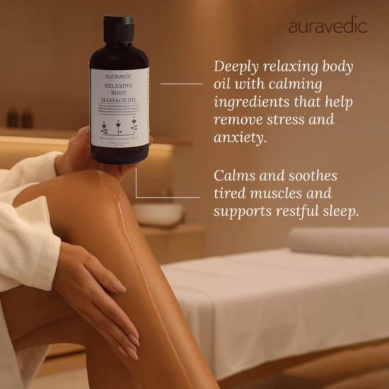 Auravedic Relaxing Body Massage Oil For Full Body Massager For Pain Relief Calming Moisturizer For Dry Skin Face 200 Ml Lavender Eucalyptus Mint Body Oil After Bath For Daily Use