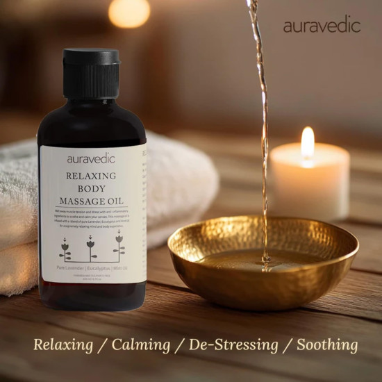 Auravedic Relaxing Body Massage Oil For Full Body Massager For Pain Relief Calming Moisturizer For Dry Skin Face 200 Ml Lavender Eucalyptus Mint Body Oil After Bath For Daily Use