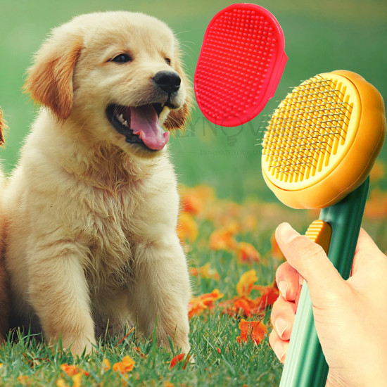 Flynovate Self Cleaning Dog Comb & Cat Comb - Pet Hair Remover Grooming Comb with Switch & PAIN - FREE Slickers | Deshedding Dog Brush & Cat Brush To Gently Massage The Pets with FREE Bath Brush