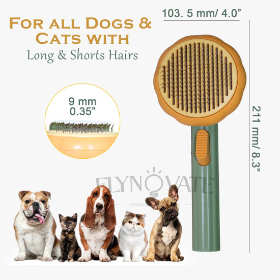 Flynovate Self Cleaning Dog Comb & Cat Comb - Pet Hair Remover Grooming Comb with Switch & PAIN - FREE Slickers | Deshedding Dog Brush & Cat Brush To Gently Massage The Pets with FREE Bath Brush