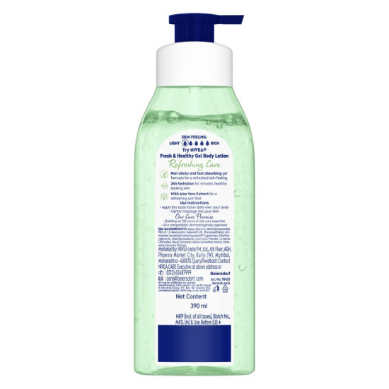 NIVEA Gel Body Lotion 390 ml | Aloe Vera | Refreshing Care For 24H Hydration | Non-Sticky | Fast Absorbing for Fresh And Healthy Skin