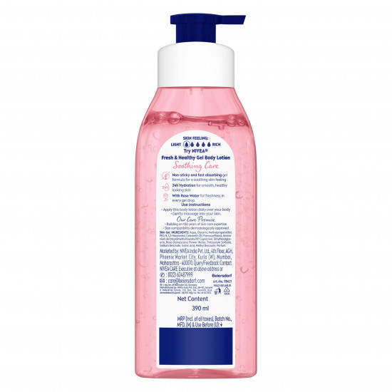 NIVEA Gel Body Lotion 390 ml | Rose | Refreshing Care For 24H Hydration | Non-Sticky | Fast Absorbing for Fresh And Healthy Skin