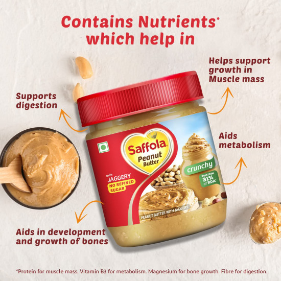 Saffola Peanut Butter Crunchy, 350 gm | High Protein Peanut Butter | Only Jaggery, No Refined Sugar