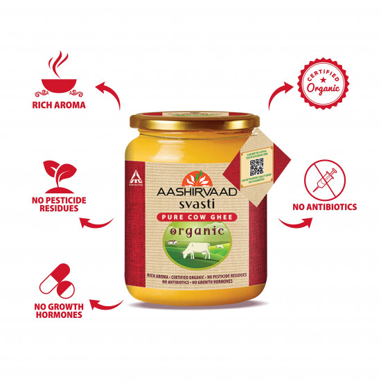 Aashirvaad Svasti Organic Cow Ghee, 500 ml| Sourced from healthy cows| Comes with authenticity proof| Slowly cooked for 3.5 hrs| Rich, nostalgic aroma