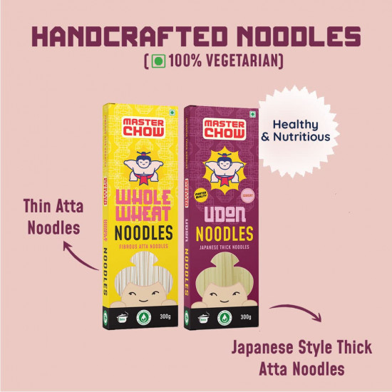 MasterChow Healthy Atta Noodle Pack of 2 - Made with 100% Organic Atta | No Maida, Not Fried | No Artificial Preservatives or MSG |100% Natural | Pack of 2 - Udon & Wholewheat Noodles - 300g Each