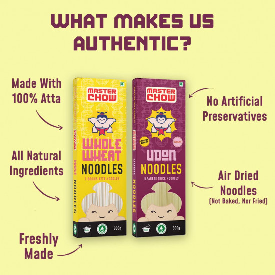 MasterChow Healthy Atta Noodle Pack of 2 - Made with 100% Organic Atta | No Maida, Not Fried | No Artificial Preservatives or MSG |100% Natural | Pack of 2 - Udon & Wholewheat Noodles - 300g Each