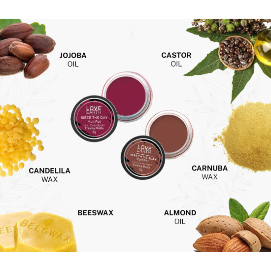 Love Earth Lip Tint & Cheek Tint Multipot Combo (Raspberry Pink & Caramel Brown) with Richness of Jojoba Oil and Vitamin E for Lips, Eyelids and Cheeks Love Earth Lip Tint & Cheek Tint Multipot Combo (Raspberry Pink & Caramel Brown) with Richness of Jojoba Oil and Vitamin E for Lips, Eyelids and Cheeks