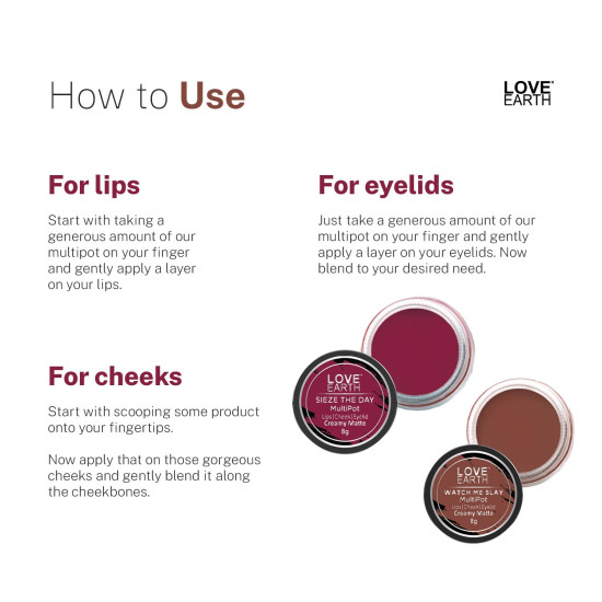 Love Earth Lip Tint & Cheek Tint Multipot Combo (Raspberry Pink & Caramel Brown) with Richness of Jojoba Oil and Vitamin E for Lips, Eyelids and Cheeks Love Earth Lip Tint & Cheek Tint Multipot Combo (Raspberry Pink & Caramel Brown) with Richness of Jojoba Oil and Vitamin E for Lips, Eyelids and Cheeks