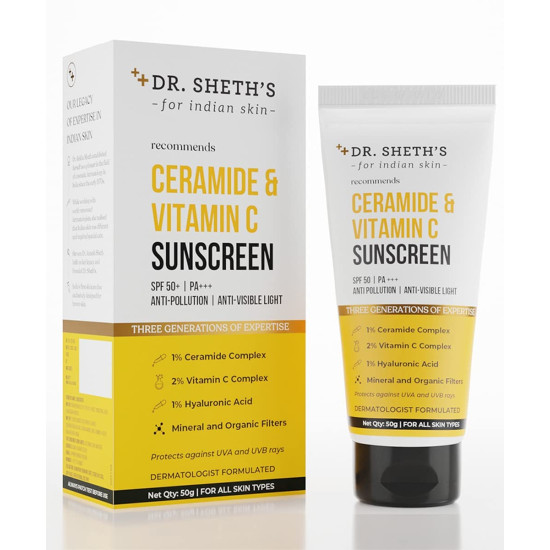 Dr. Sheth's Ceramide & Vitamin C Sunscreen SPF 50+ PA+++ | One Step Routine for Summer | Non-Greasy, Quick-Absorbing | Zero White Cast | For Women & Men | UVA UVB Sun Protection | 50 grams