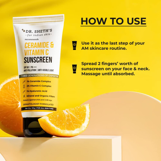 Dr. Sheth's Ceramide & Vitamin C Sunscreen SPF 50+ PA+++ | One Step Routine for Summer | Non-Greasy, Quick-Absorbing | Zero White Cast | For Women & Men | UVA UVB Sun Protection | 50 grams