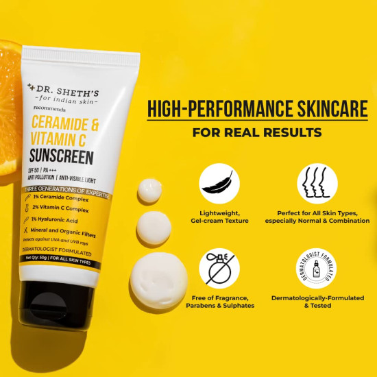 Dr. Sheth's Ceramide & Vitamin C Sunscreen SPF 50+ PA+++ | One Step Routine for Summer | Non-Greasy, Quick-Absorbing | Zero White Cast | For Women & Men | UVA UVB Sun Protection | 50 grams