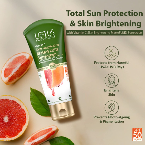 Lotus Botanicals Vitamin C Skin Brightening MatteFluid Sunscreen | SPF 50 | PA+++ | 100x Vitamin C | Protects from Sun, UV Rays | Brightens Skin | No White Cast | Water Resistant | No Preservatives | 75g