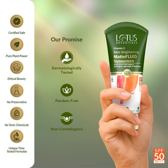 Lotus Botanicals Vitamin C Skin Brightening MatteFluid Sunscreen | SPF 50 | PA+++ | 100x Vitamin C | Protects from Sun, UV Rays | Brightens Skin | No White Cast | Water Resistant | No Preservatives | 75g