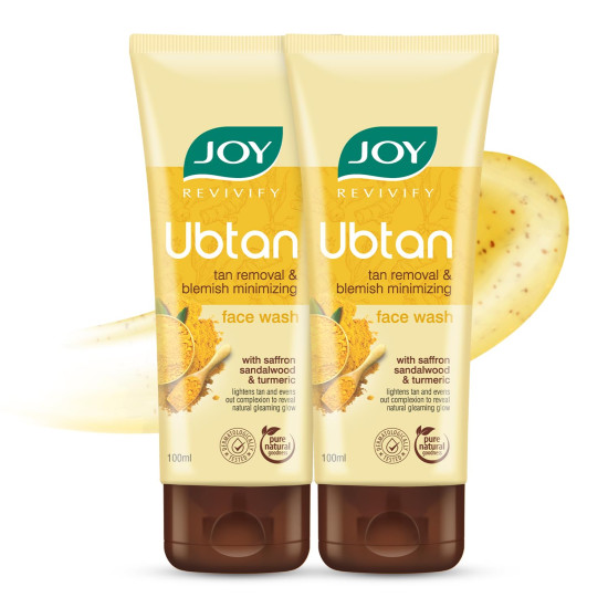 Joy Ubtan Tan Removal Face Wash 100ml x 2 | Detans, Removes Dirt & Blemishes for a Natural Glowing Skin | Enriched With Turmeric, Saffron & Sandalwood | Suitable for All Skin Types