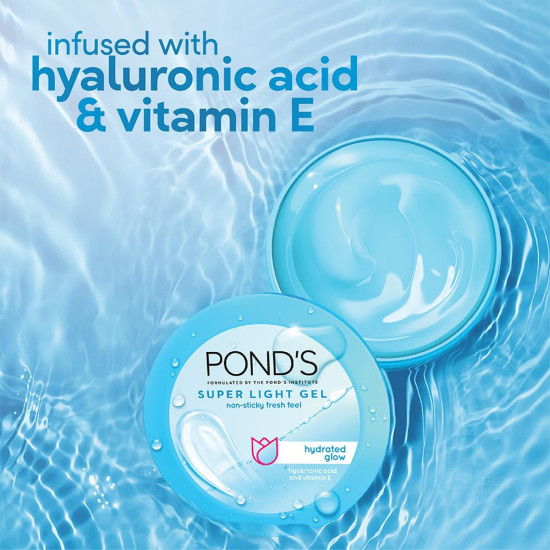 POND'S Super Light Gel, Oil-free Moisturizer, 100ml for Hydrated, Glowing Skin, with Hyaluronic Acid & Vitamin E, 24Hr Hydration, Non-Sticky, Spreads Easily & Instantly Absorbs