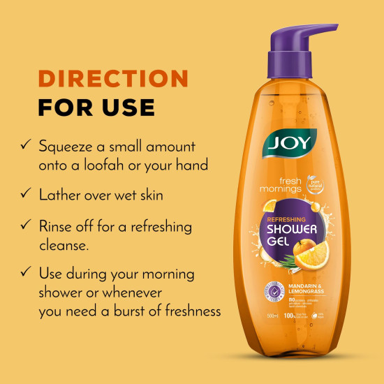 Joy Mandarin & Lemongrass Shower Gel Body Wash (500 ml) | With Vitamin C for Acne Control & Lemongrass for Fighting Body Odour |100% Vegan Shower Gel For All Skin Types | Paraben Free