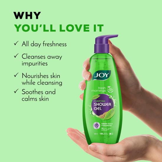 Joy Green Tea Shower Gel Body Wash (500 ml) | With Skin Purifying Green Tea & Detoxifying Coriander for Day Long Freshness |100% Vegan Soap Free Shower Gel For All Skin Types | Paraben Free