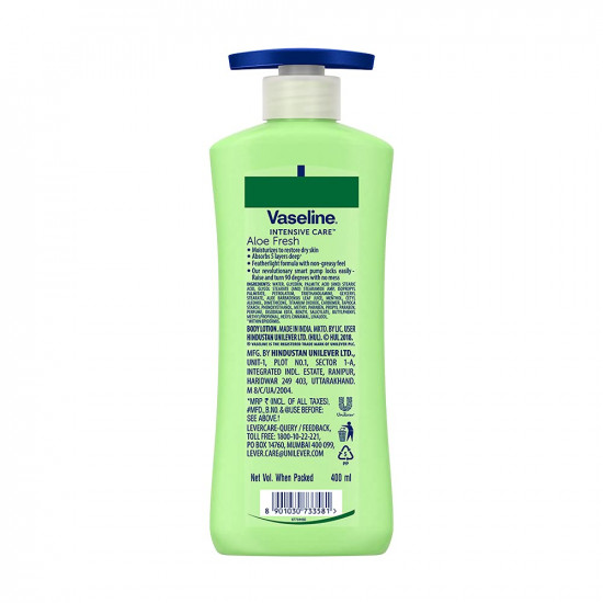 Vaseline Intensive Care, Aloe Fresh Hydrating Body Lotion, 400 ml, for Fresh, Hydrated Skin, with 100% Pure Aloe Vera Extract, for Dry, Rough Skin, for Men & Women