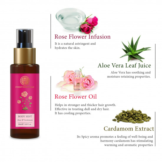 Forest Essentials Travel Size Body Mist Rose & Cardamom | Natural & Hydrating Body Spray For Men & Women | Luxury Floral & Oriental Fragrance | 50 ml