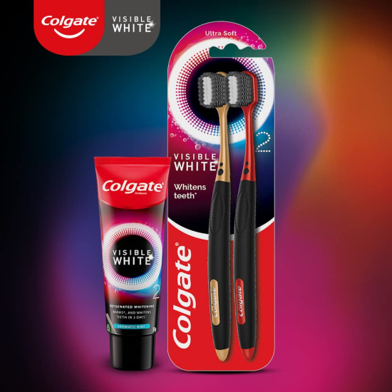 Colgate Visible White O2 Manual Toothbrush for adults- 2 Pcs, Helps prevent Bad Breath, Cavities, Enamel & Gum Problems.