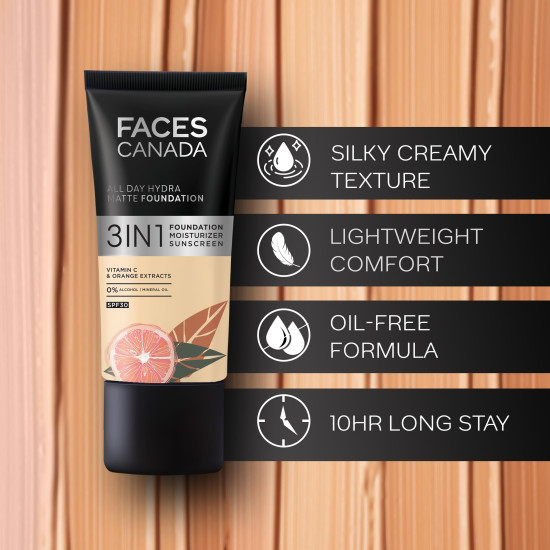 FACESCANADA All Day Hydra Matte Foundation|3-In-1 Foundation + Moisturizer Cream + Spf 30|24 Hr Aloe Hydration&Vitamin C|10Hr Long Wear|Medium To High Buildable Coverage|Rose Ivory 011|25Ml,Pack Of 1
