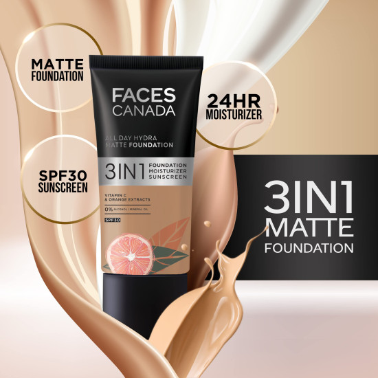 FACESCANADA All Day Hydra Matte Foundation|3-In-1 Foundation + Moisturizer Cream + Spf 30|24 Hr Aloe Hydration&Vitamin C|10Hr Long Wear|Medium To High Buildable Coverage|Rose Ivory 011|25Ml,Pack Of 1