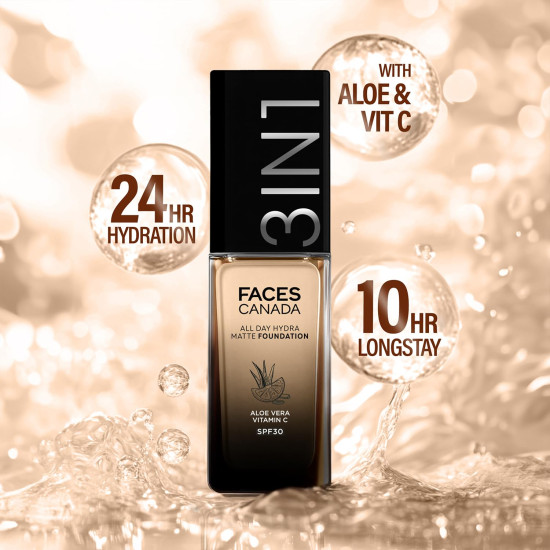 FACESCANADA All Day Hydra Matte Foundation Cream| 3-in-1 Foundation + Moisturizer + SPF 30|24 HR Aloe Hydration & Vitamin C|10HR Long Wear|Medium to High Buildable Coverage|Warm Sand 042|30ml