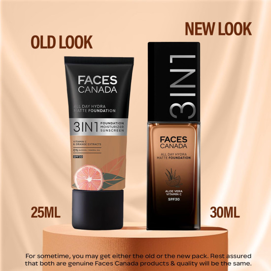 FACESCANADA All Day Hydra Matte Foundation Cream| 3-in-1 Foundation + Moisturizer + SPF 30|24 HR Aloe Hydration & Vitamin C|10HR Long Wear|Medium to High Buildable Coverage|Warm Sand 042|30ml